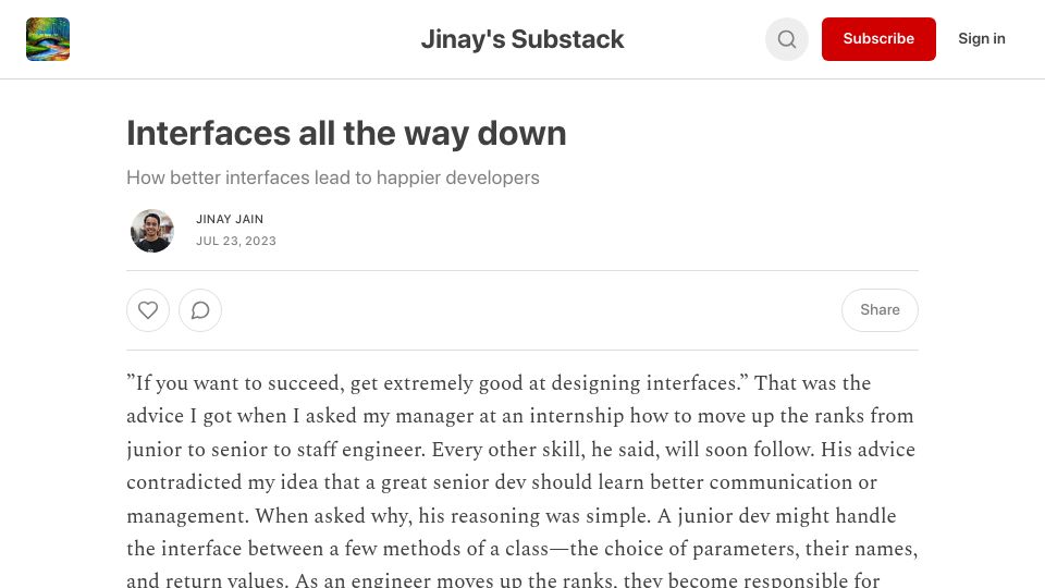 Screenshot of jjain.substack.com: Interfaces all the way down