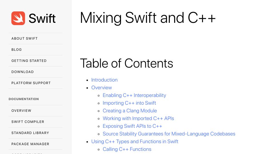 Screenshot of swift.org: Mixing Swift and C++