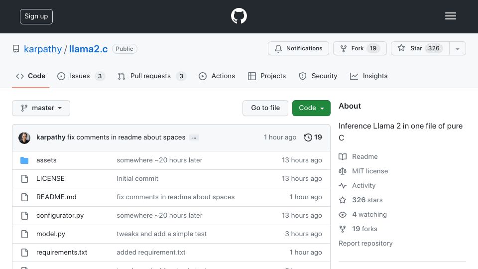 Screenshot of github.com: Llama2.c: Inference llama 2 in one file of pure C