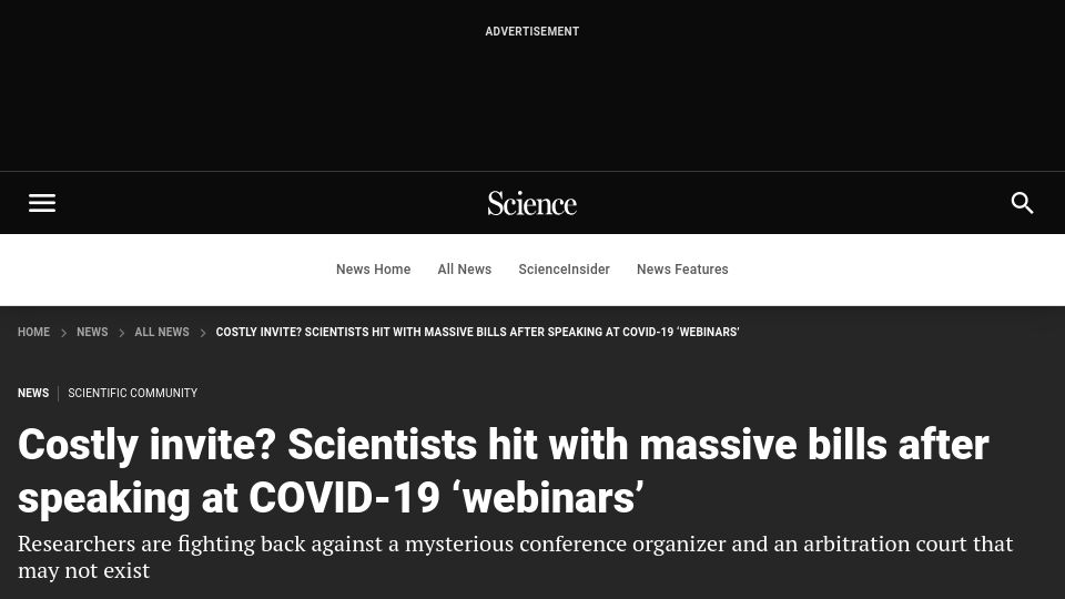 Screenshot of science.org: Scientists hit with massive bills after speaking at COVID-19 ‘webinars’