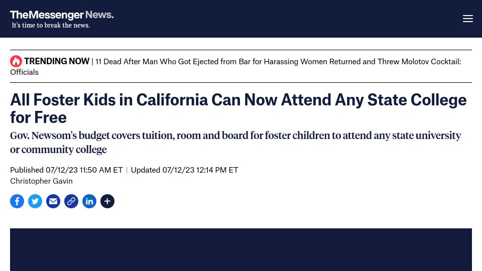 Screenshot of themessenger.com: All foster kids in California can now attend any state college for free