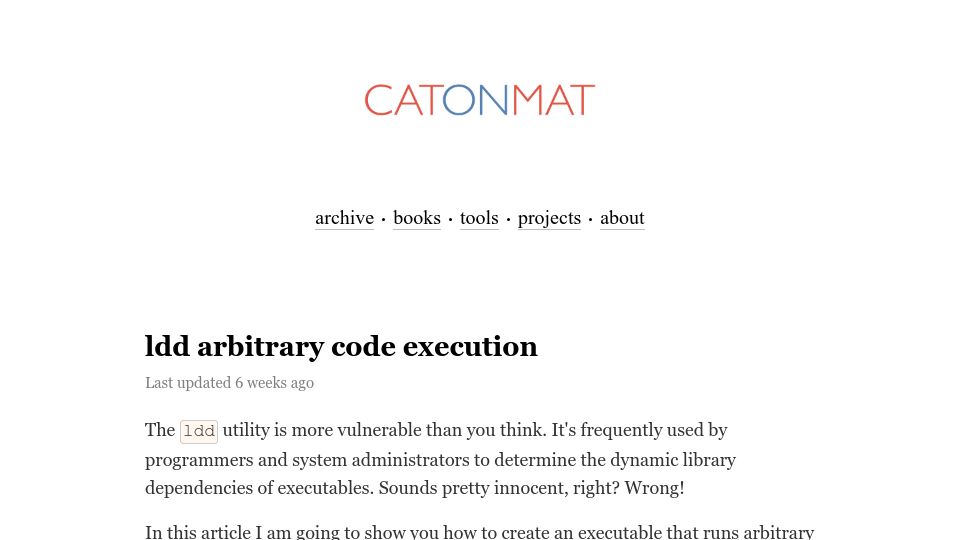 Screenshot of catonmat.net: ldd arbitrary code execution (2009)