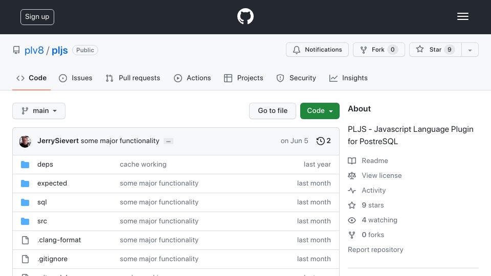 Screenshot of github.com: PLJS – JavaScript Language Plugin for PostreSQL