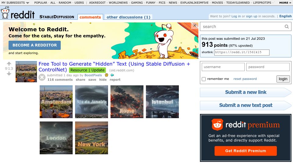 Screenshot of old.reddit.com: Stable Diffusion and ControlNet: “Hidden” Text (see thumbnail vs. full image)