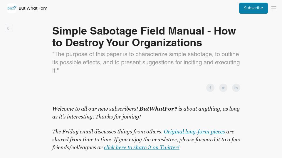 Screenshot of butwhatfor.beehiiv.com: Simple Sabotage Field Manual – How to Destroy Your Organizations