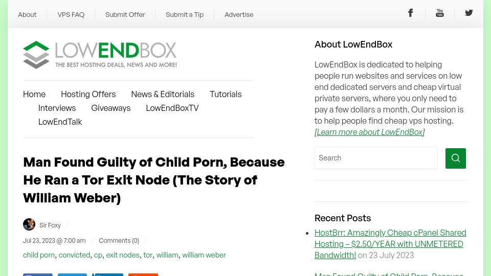 Screenshot of lowendbox.com: Man found guilty of child porn because he ran a Tor exit node