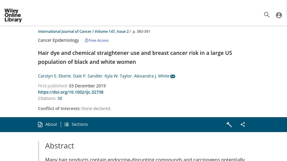 Screenshot of onlinelibrary.wiley.com: Hair dye and chemical straightener use and breast cancer risk (2019)