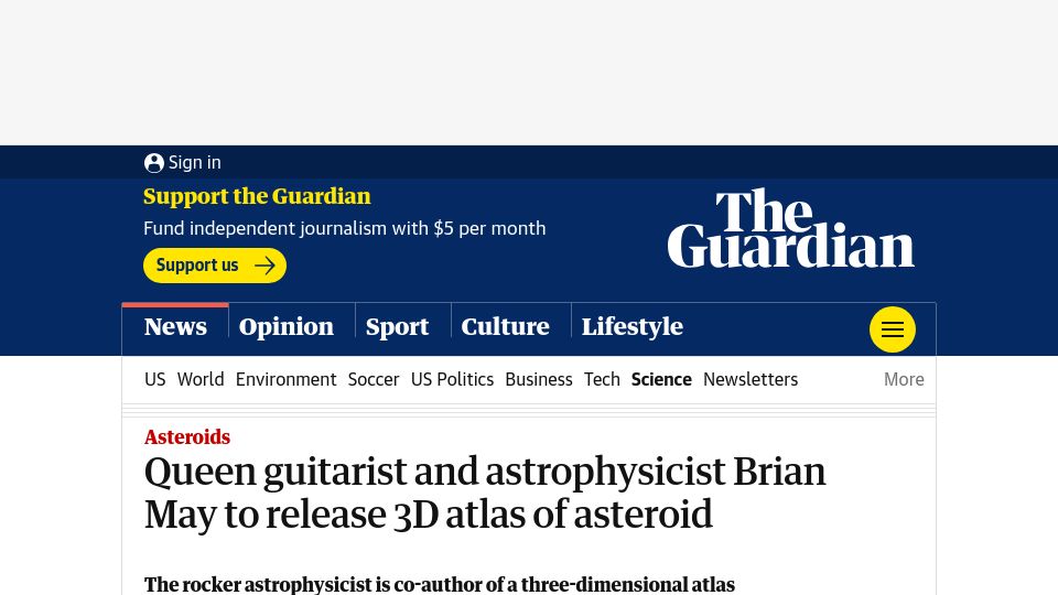 Screenshot of theguardian.com: Queen guitarist and astrophysicist Brian May to release 3D atlas of asteroid