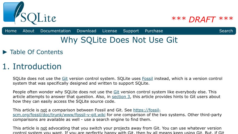 Screenshot of sqlite.org: Why SQLite does not use Git (2018)