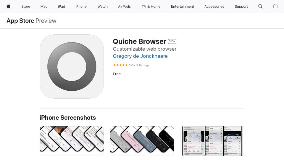 Screenshot of apps.apple.com: Show HN: I made a customizable iOS browser for minimalists and myself