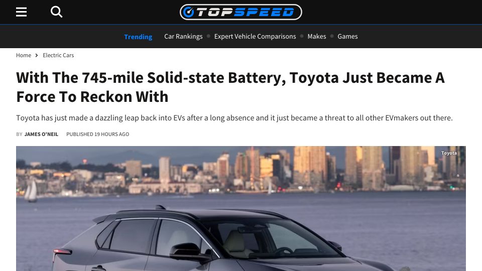 Screenshot of topspeed.com: Toyota has been developing a solid-state battery for EVs with a range of 745mi
