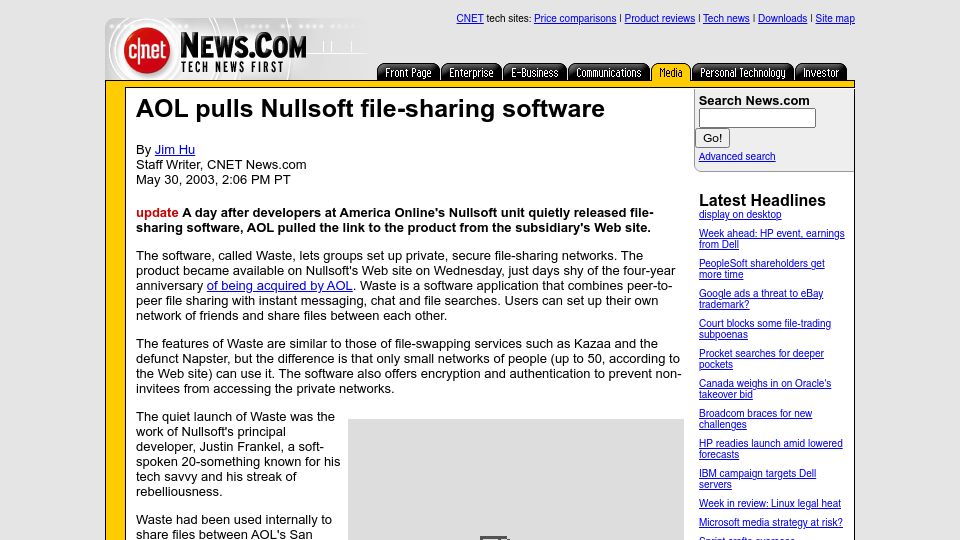 Screenshot of web.archive.org: AOL pulls Nullsoft file-sharing software WASTE (2003)