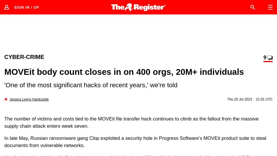 Screenshot of theregister.com: MOVEit body count closes in on 400 orgs, 20M+ individuals