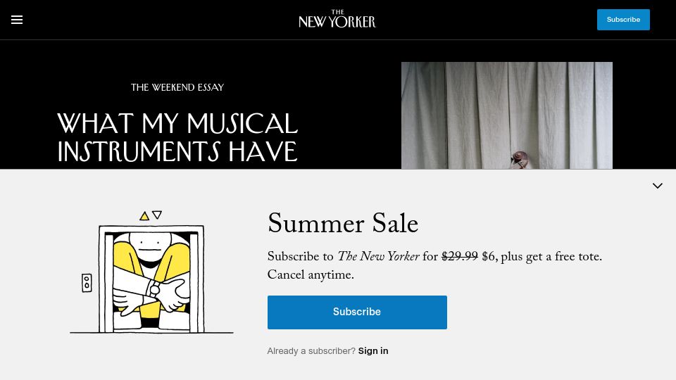 Screenshot of newyorker.com: What my musical instruments have taught me