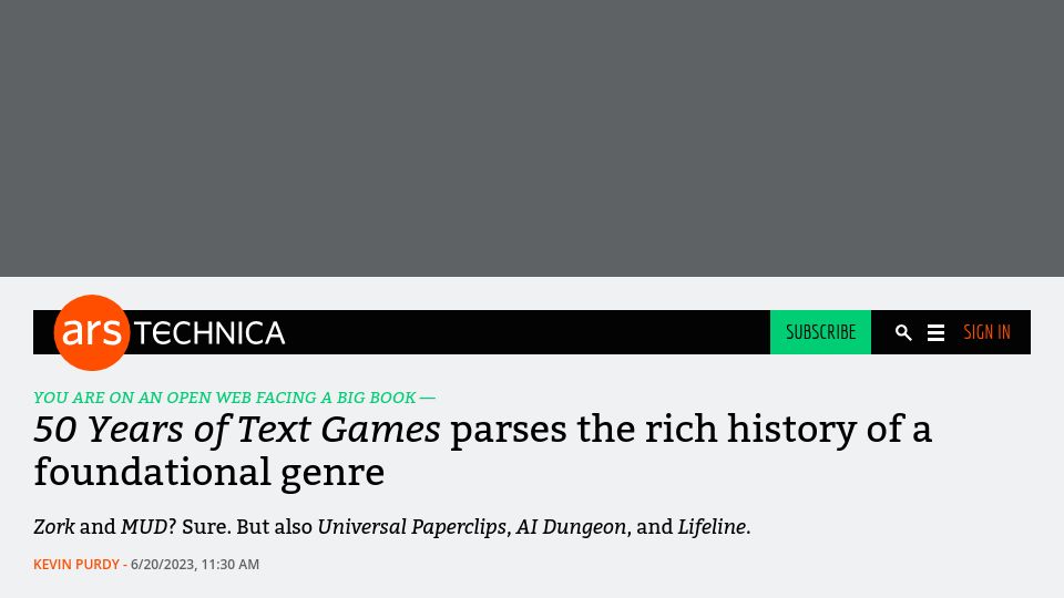 Screenshot of arstechnica.com: 50 Years of Text Games parses the rich history of a foundational genre