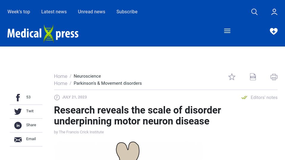 Screenshot of medicalxpress.com: Research reveals the scale of disorder underpinning motor neuron disease