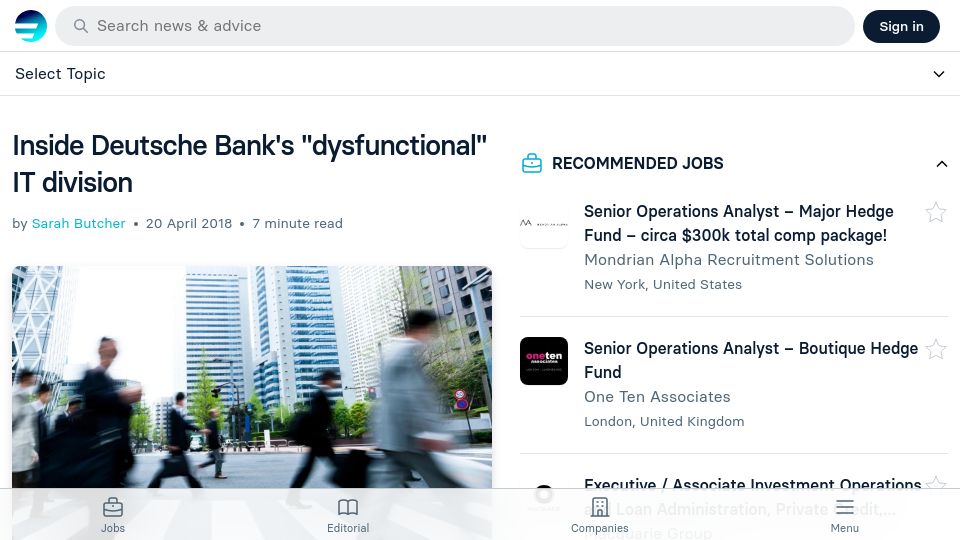 Screenshot of efinancialcareers.co.uk: Deutsche Bank's “dysfunctional” IT division (2018)