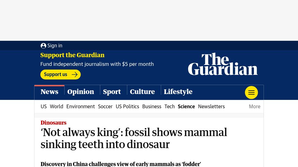 Screenshot of theguardian.com: Fossil shows mammal sinking teeth into dinosaur
