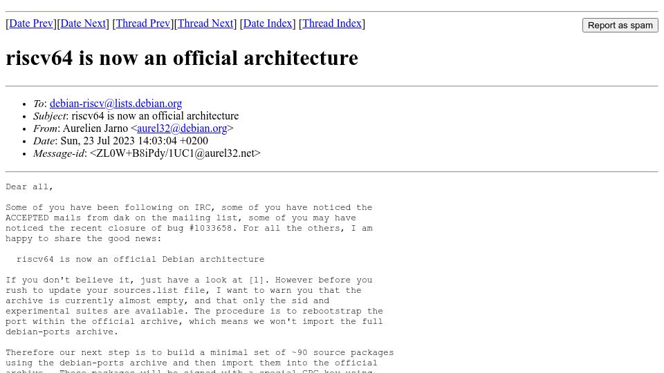Screenshot of lists.debian.org: riscv64 is now an official Debian architecture (rebootstrap in progress)