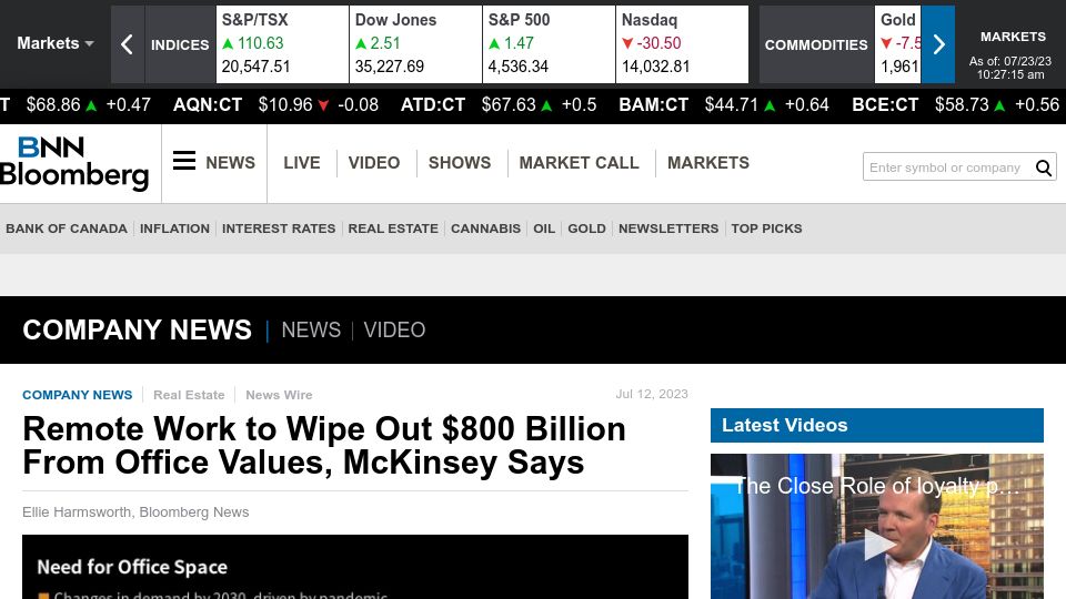 Screenshot of bnnbloomberg.ca: Remote Work to Wipe Out $800B from Office Values, McKinsey Says