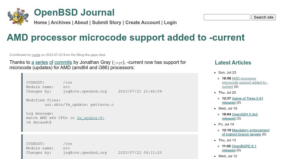 Screenshot of undeadly.org: OpenBSD: AMD processor microcode support added to -current