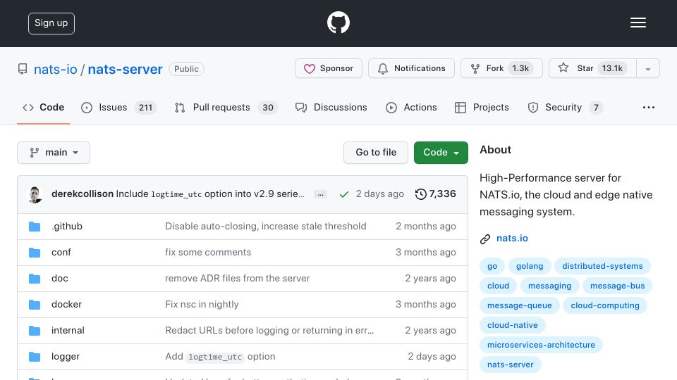 Screenshot of github.com: High-Performance server for NATS.io, the cloud and edge native messaging system