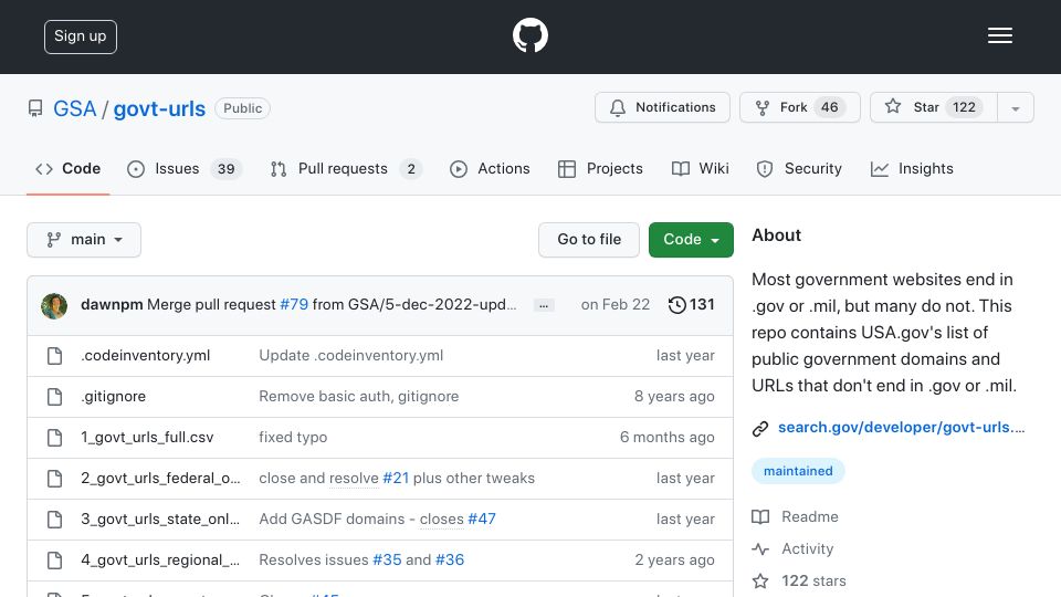 Screenshot of github.com: Government URLs that don't end in .gov