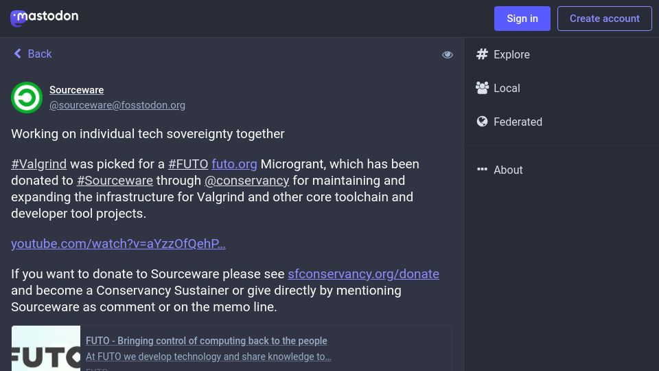 Screenshot of fosstodon.org: Valgrind recieves a development microgrant from FUTO