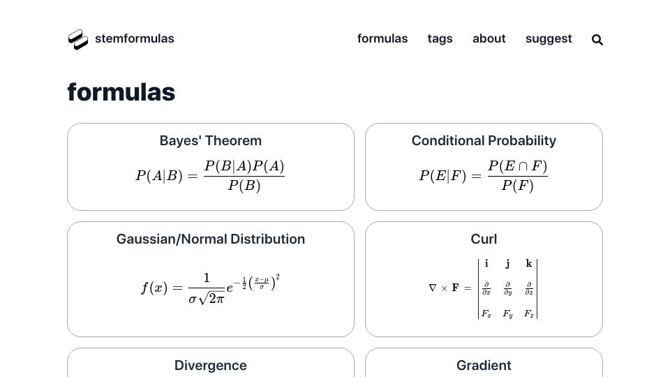 Screenshot of stemformulas.com: Stem Formulas