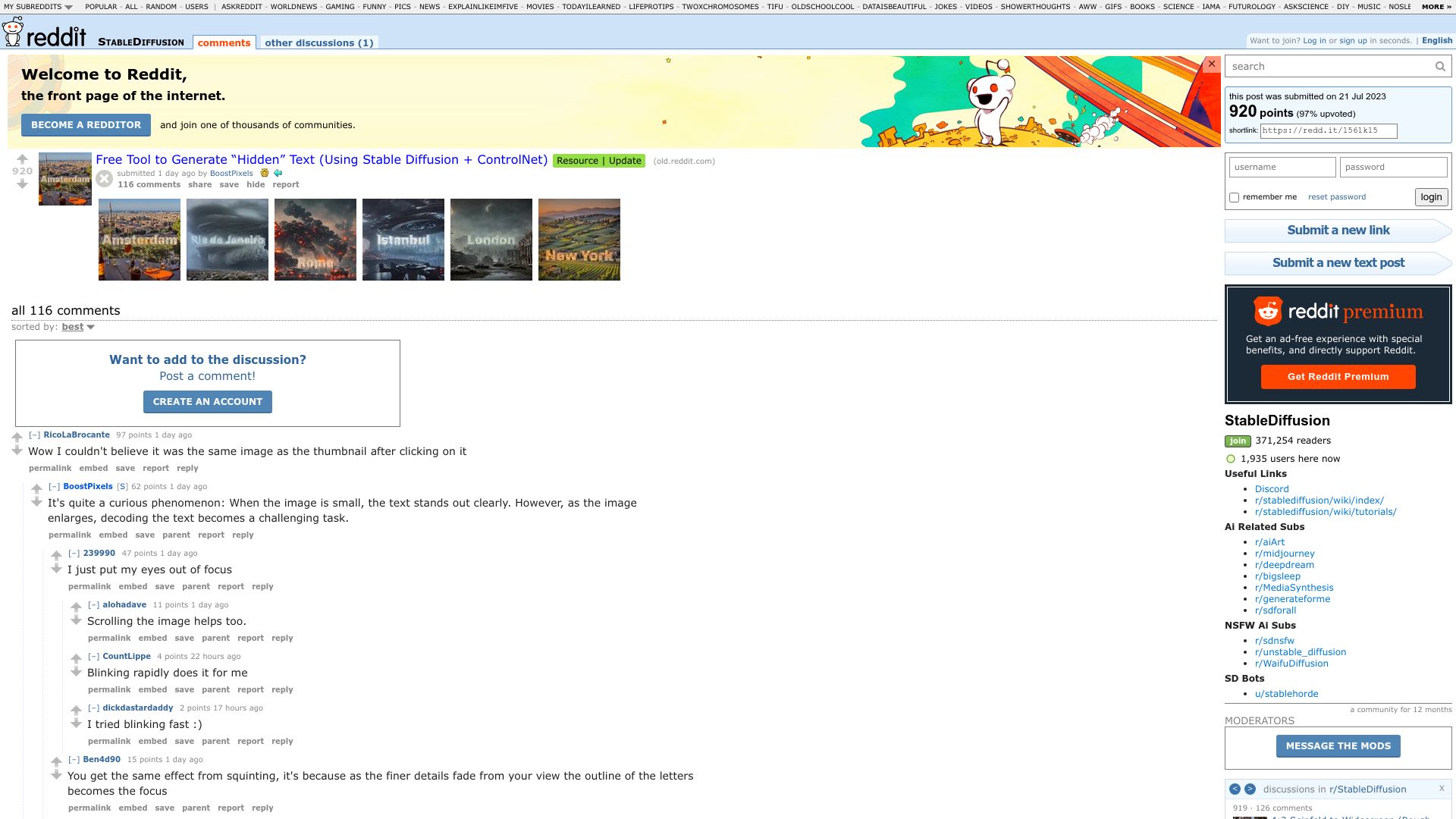 Screenshot of old.reddit.com: Stable Diffusion and ControlNet: “Hidden” Text (see thumbnail vs. full image)