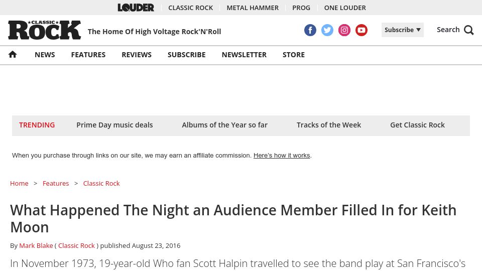Screenshot of loudersound.com: The night an audience member filled in for Keith Moon (2016)