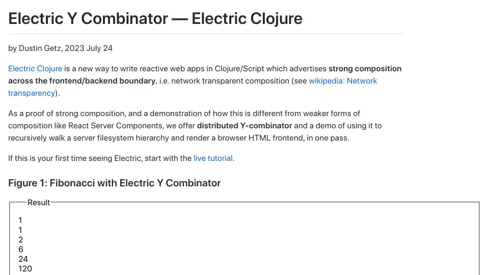 Screenshot of dustingetz.electricfiddle.net: Electric Y Combinator – Electric Clojure