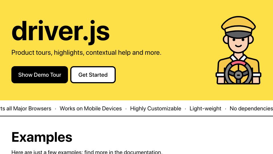 Screenshot of driverjs.com: Driver.js: Product tours, highlights, contextual help and more