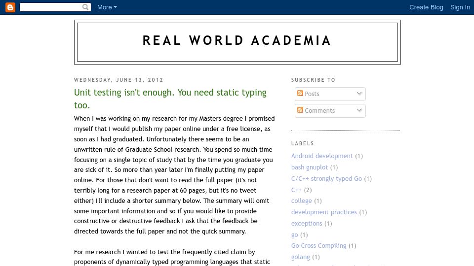 Screenshot of evanfarrer.blogspot.com: Analysis of whether unit testing obviates static type checking (2012)