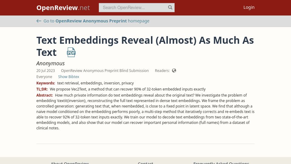 Screenshot of openreview.net: Text Embeddings Reveal (Almost) as Much as Text