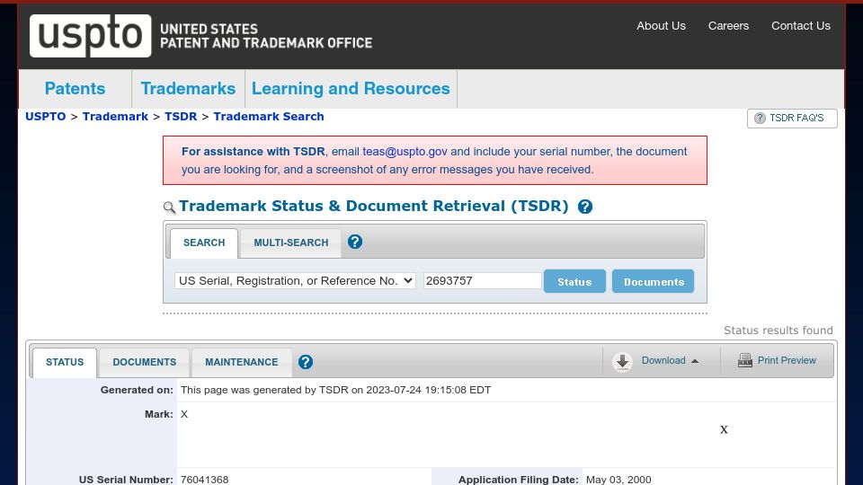 Screenshot of tsdr.uspto.gov: Microsoft Owns the Trademark for “X”