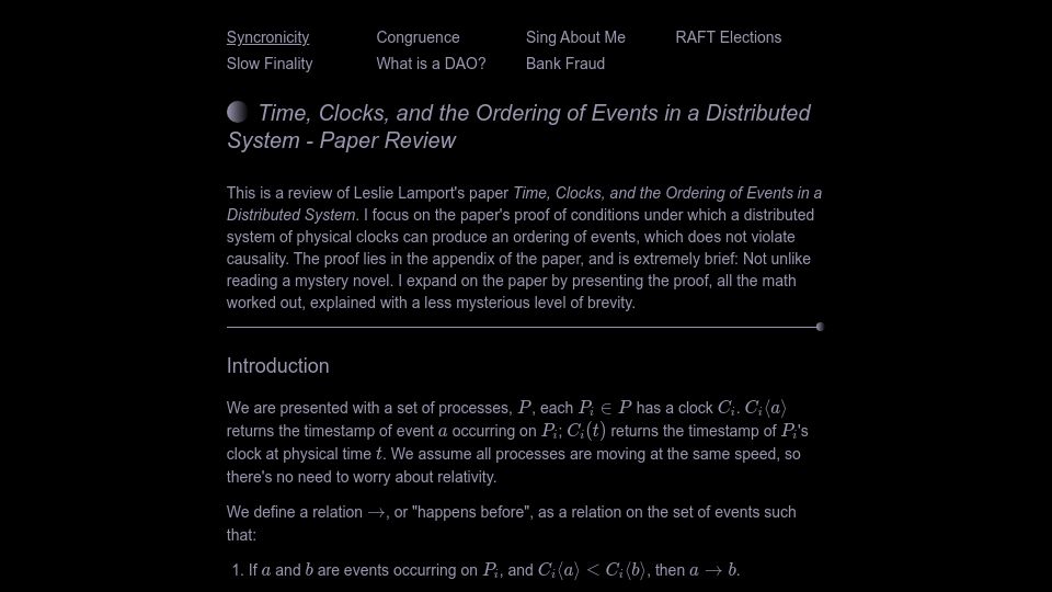 Screenshot of percisely.xyz: Time, Clocks, and the Ordering of Events in a Distributed System – Paper Review