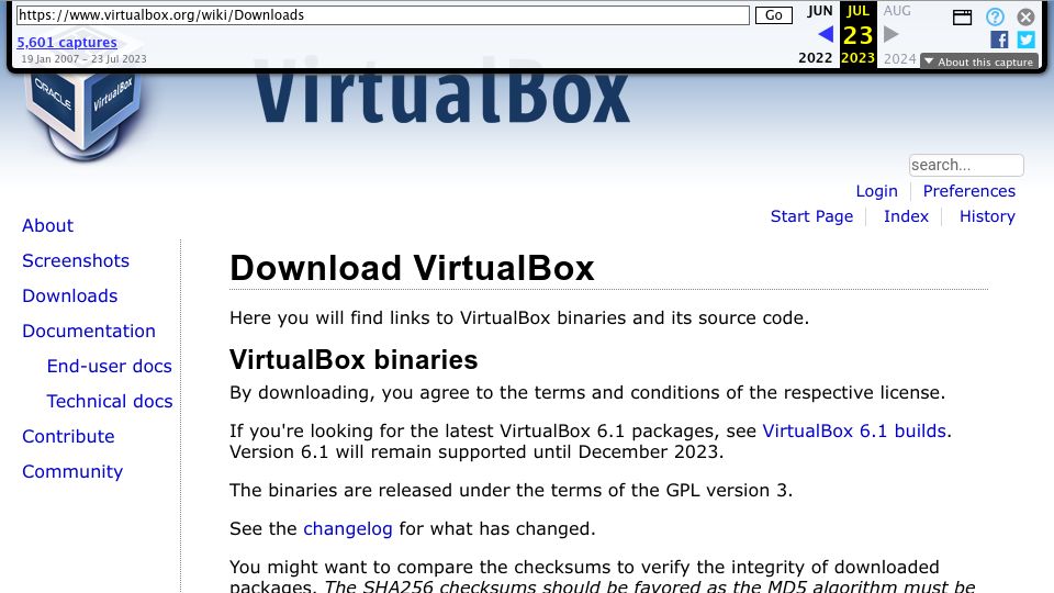 Screenshot of web.archive.org: VirtualBox 7.0.10 download links have disappeared