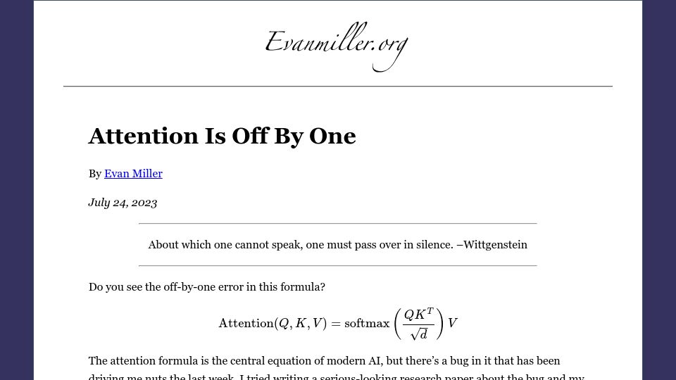 Screenshot of evanmiller.org: Attention Is Off By One