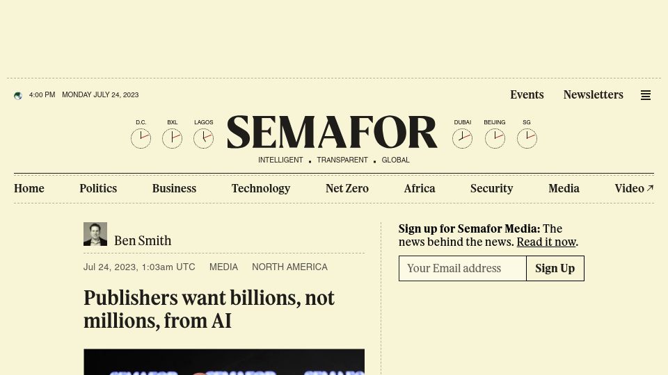 Screenshot of semafor.com: Publishers want billions, not millions, from AI