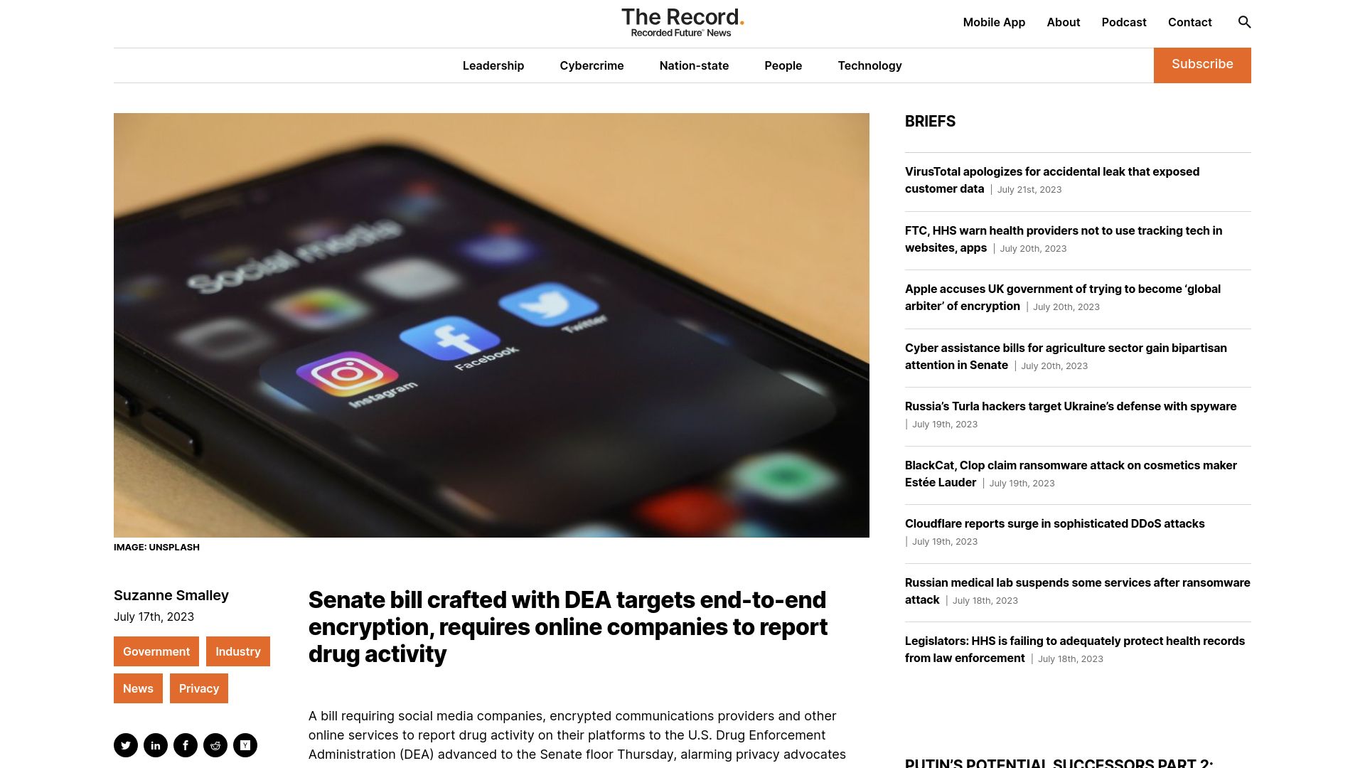 Screenshot of therecord.media: U.S. Senate bill crafted with DEA targets end-to-end encryption