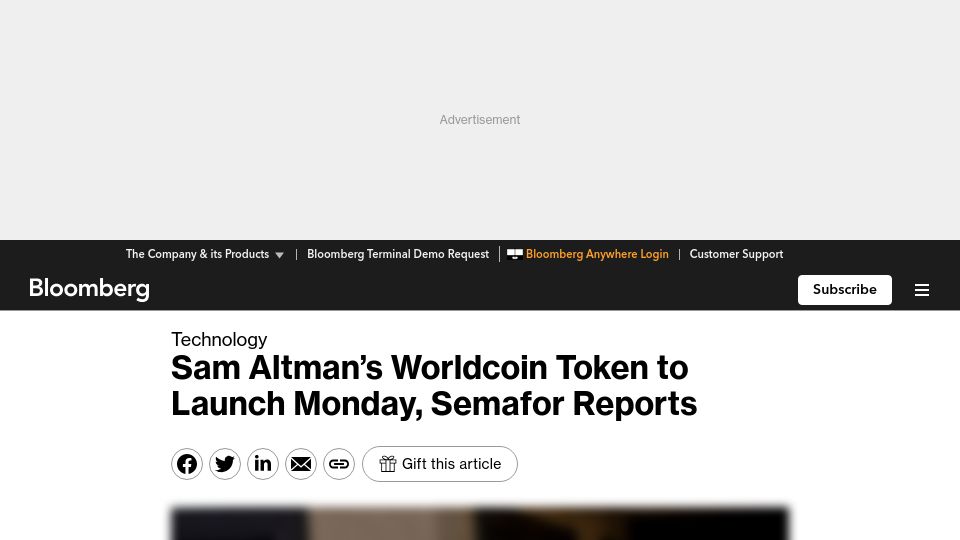 Screenshot of bloomberg.com: Sam Altman’s Worldcoin Token to Launch Monday