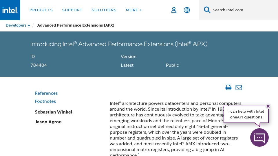 Screenshot of intel.com: Advanced Performance Extensions (APX)