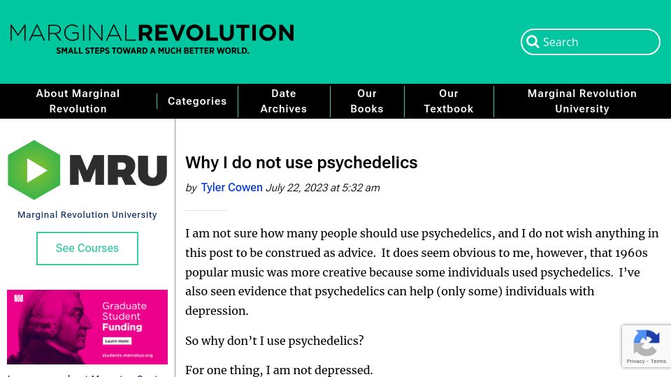 Screenshot of marginalrevolution.com: Why I do not use psychedelics