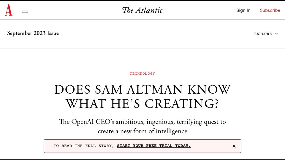 Screenshot of theatlantic.com: Sam Altman demands regulation in effort to limit competition