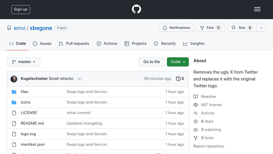Screenshot of github.com: Show HN: Browser extension replacing the X with the original Twitter logo