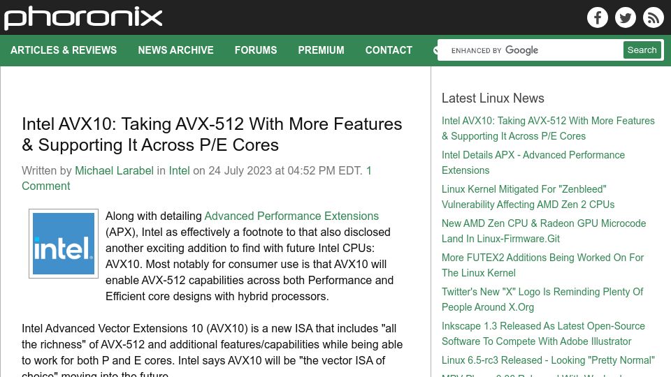 Screenshot of phoronix.com: Intel AVX10: The Successor to AVX-512