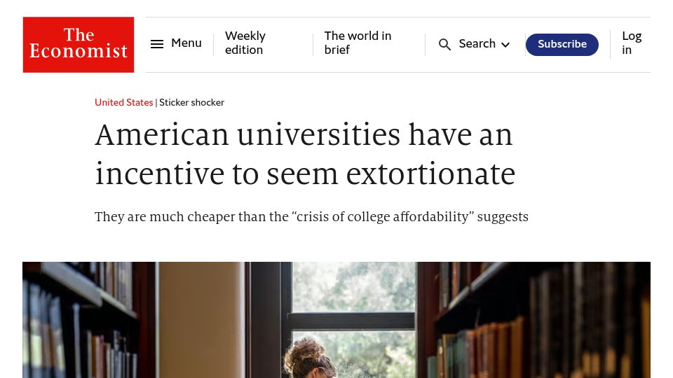 Screenshot of economist.com: American universities have an incentive to seem extortionate