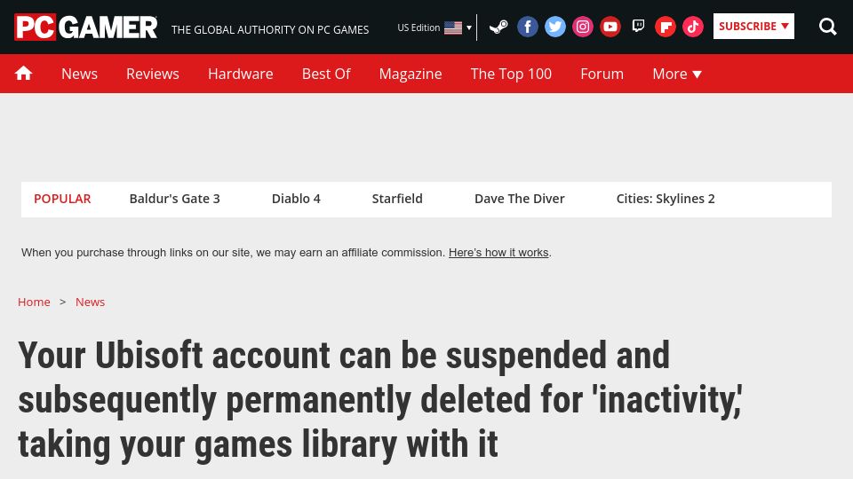 Screenshot of pcgamer.com: Ubisoft account -including games- can be permanently deleted for inactivity