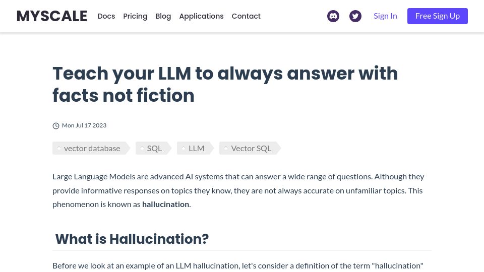 Screenshot of blog.myscale.com: Teach your LLM to answer with facts, not fiction